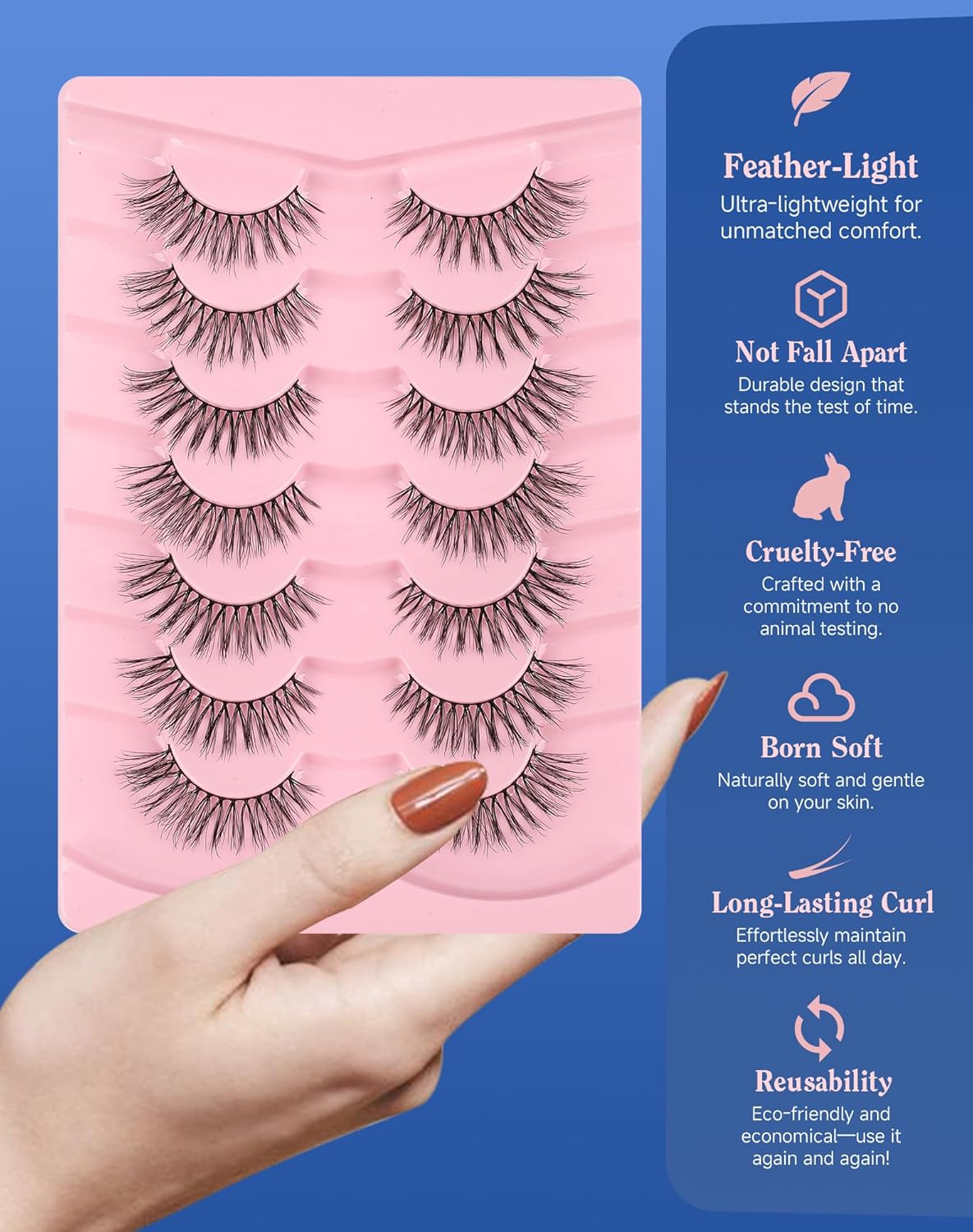 Wispy Lashes Natural Look Flared Strip False Eyelashes Round Eye Lash Soft False Mink Eyelash Fluffy Pack 7 Pairs 15MM D80