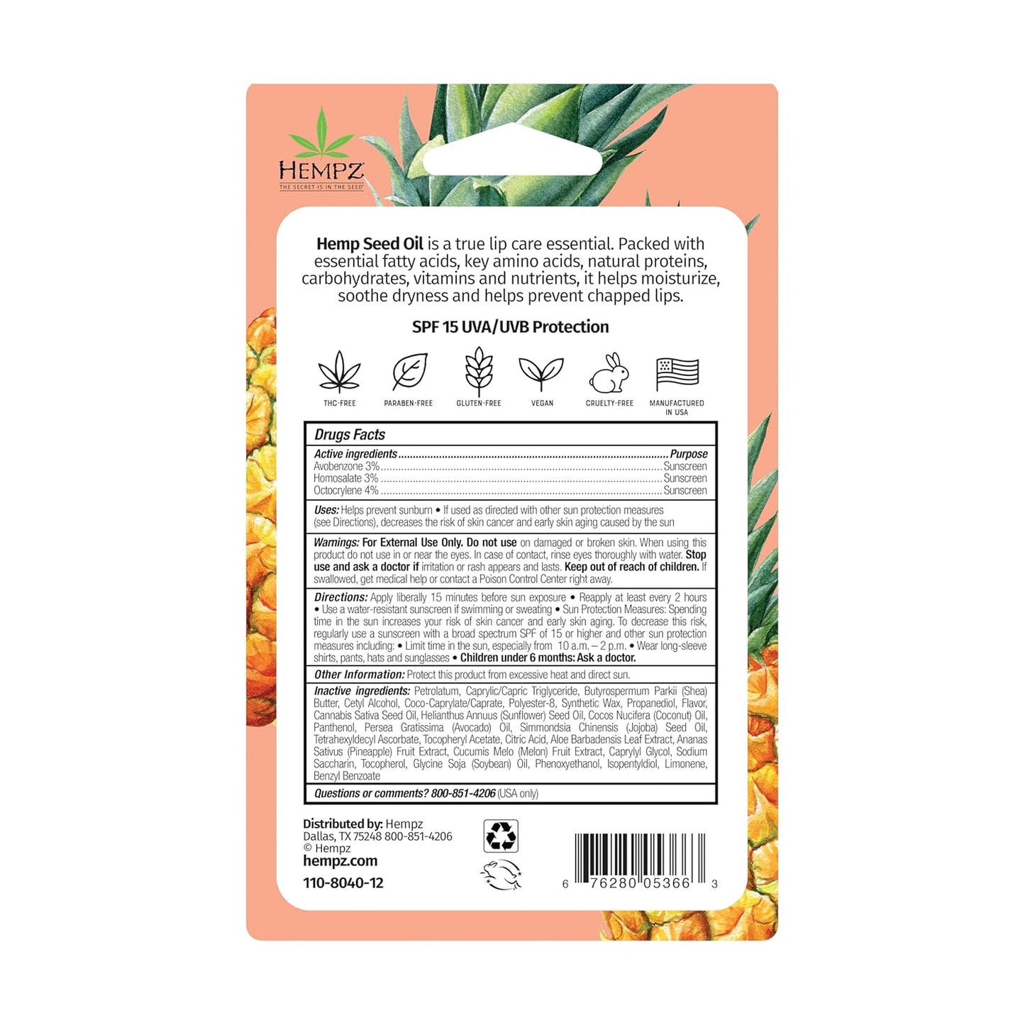 Hempz SPF 15 Lip Balm, Sweet Pineapple & Honey Melon Herbal Soothing Lip Care, for Men or Women .44 oz.