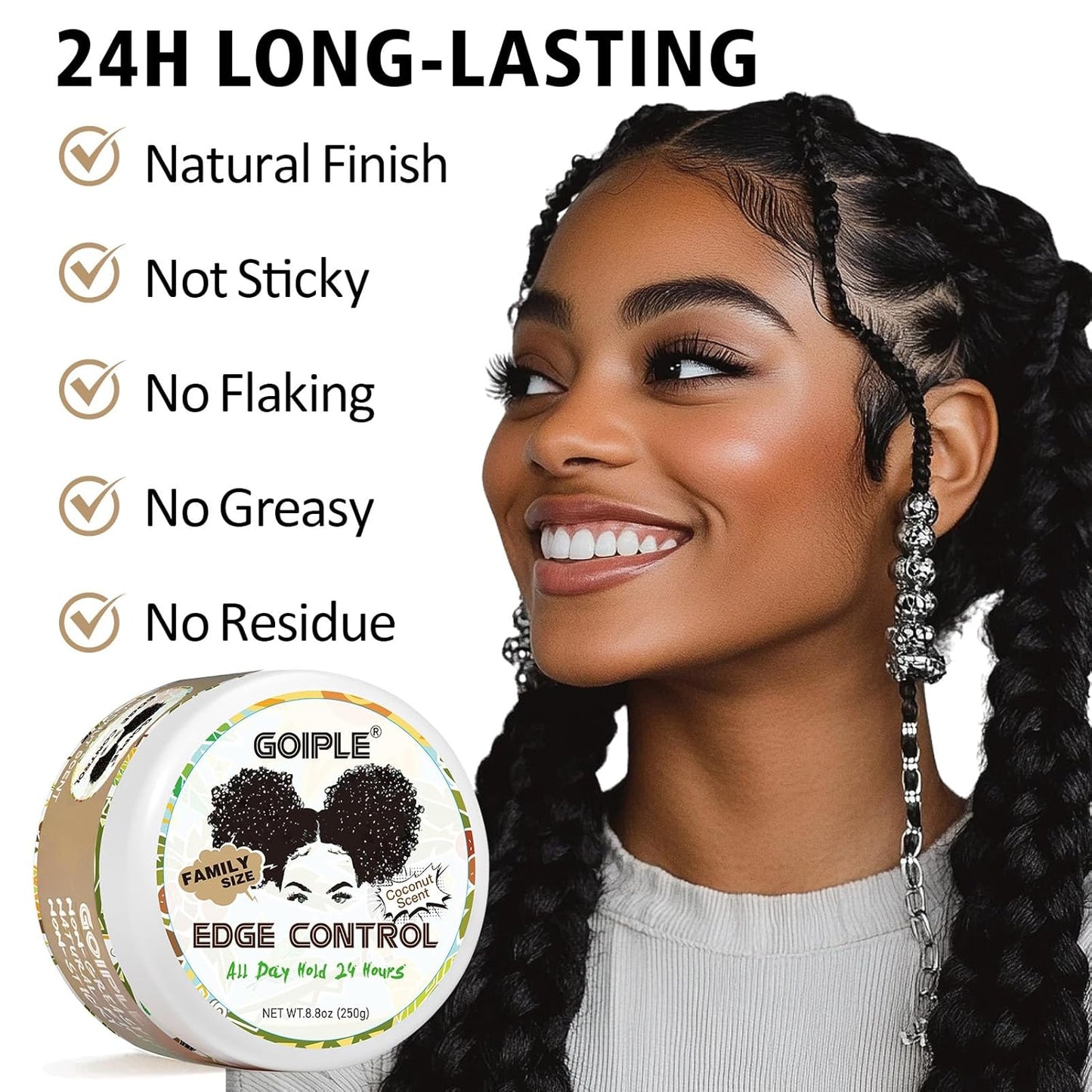 8.8 OZ Edge Control Wax for Women Strong Hold Non-greasy Edge Control Smoother Edge Wax, Edge Wax Styling Gel Edge Control for Black Hair No Flaking, Strong Hold Water-based Edge Stay Gel Coconut