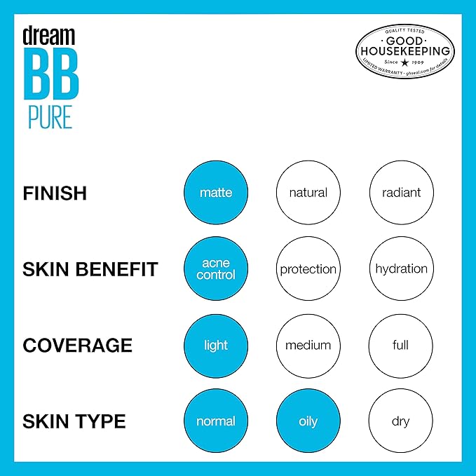 Maybelline Dream Pure Skin Clearing BB Cream, 8-in-1 Skin Perfecting Beauty Balm With 2% Salicylic Acid, Sheer Tint Coverage, Oil-Free, Light/Medium, 1 Count