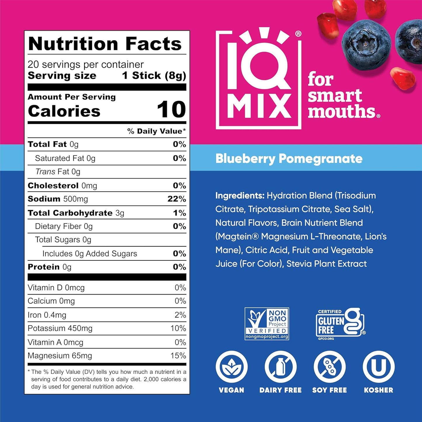 IQMIX Hydration Electrolyte Powder – 4-in-1 Formula for Hydration, Mental Clarity, Mood and Recovery – Sugar-Free Drink Mix, Keto, Magnesium L-Threonate, Lion’s Mane – 20 Count Blueberry Pomegranate