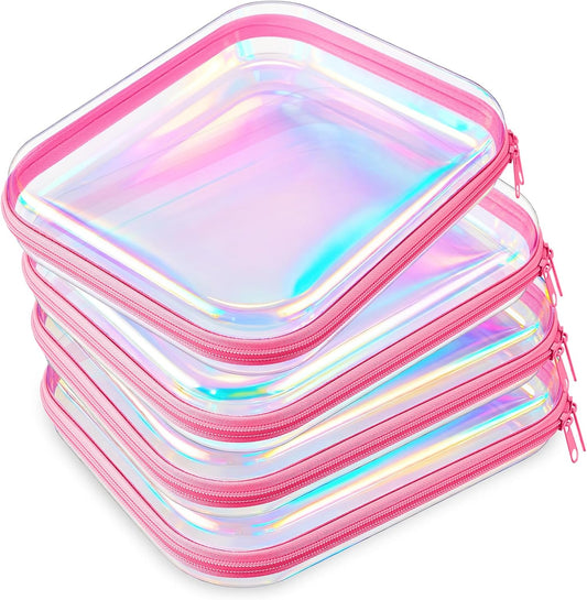 Hoolerry 4 Pcs Hard Clear Zipper Case Makeup Bags Plastic Pencil Pouch Transparent Storage Box Containers for Cosmetics, Snacks, Building Blocks, Puzzles(Pink Laser,9.8 x 7.9 x 2 in)
