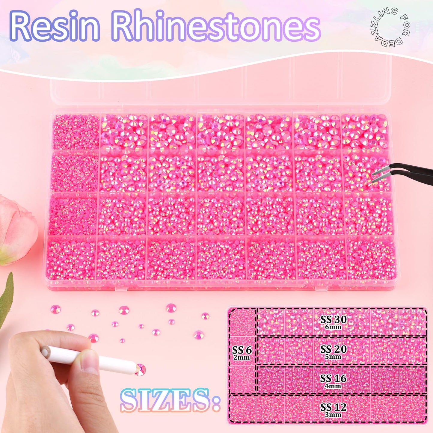 30000Pcs Resin Rhinestones for Bedazzling with 3Pcs B7000 Jewelry Glue, Hot Pink AB Flatback Gems Rhinestones for Crafting, Clothing Tumblers Mugs Shoes Fabric Decor Nail Art