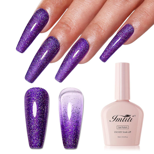 Imtiti Glitter Gel Nail Polish, Purple Iridescent Glitter Nail Gel Polish Diamond Shimmer Sparkle Soak Off UV LED Spring Summer Manicure 10ML
