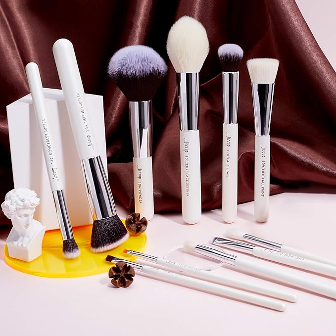 Jessup Brand 25pcs Professional Makeup Brush Set Beauty Cosmetic Foundation Powder Blusher Eyeshadow Blending Highlight Concealer Natural-Synthetic Hair Brushes Set (Pearl White/Silver)
