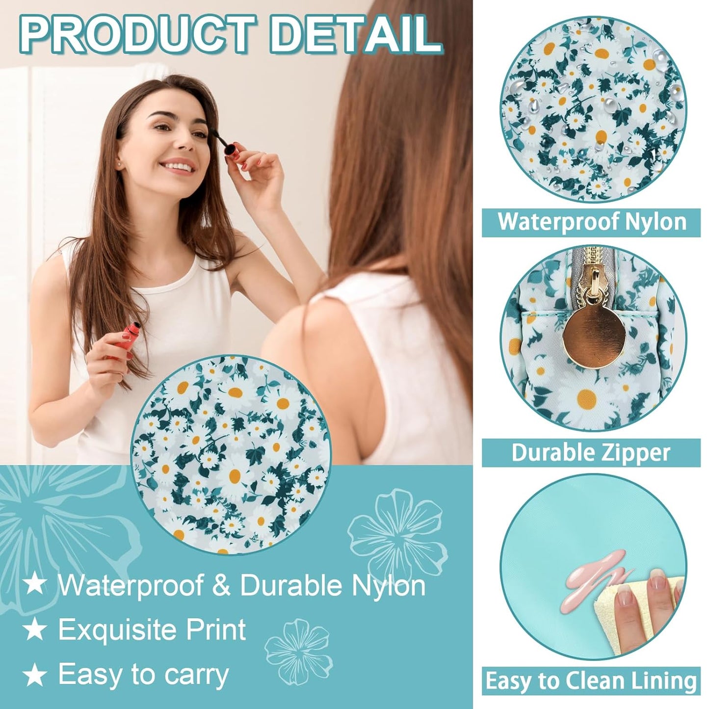 Waterproof Small Floral Makeup Bag Pouch for Purse,Nylon Flower Cosmetic Bag Preppy Travel Toiletry Storage Bag for Women Girl,Cute Makeup Organizer Bag Skincare Bag with Zipper(Small Green-Daisy)