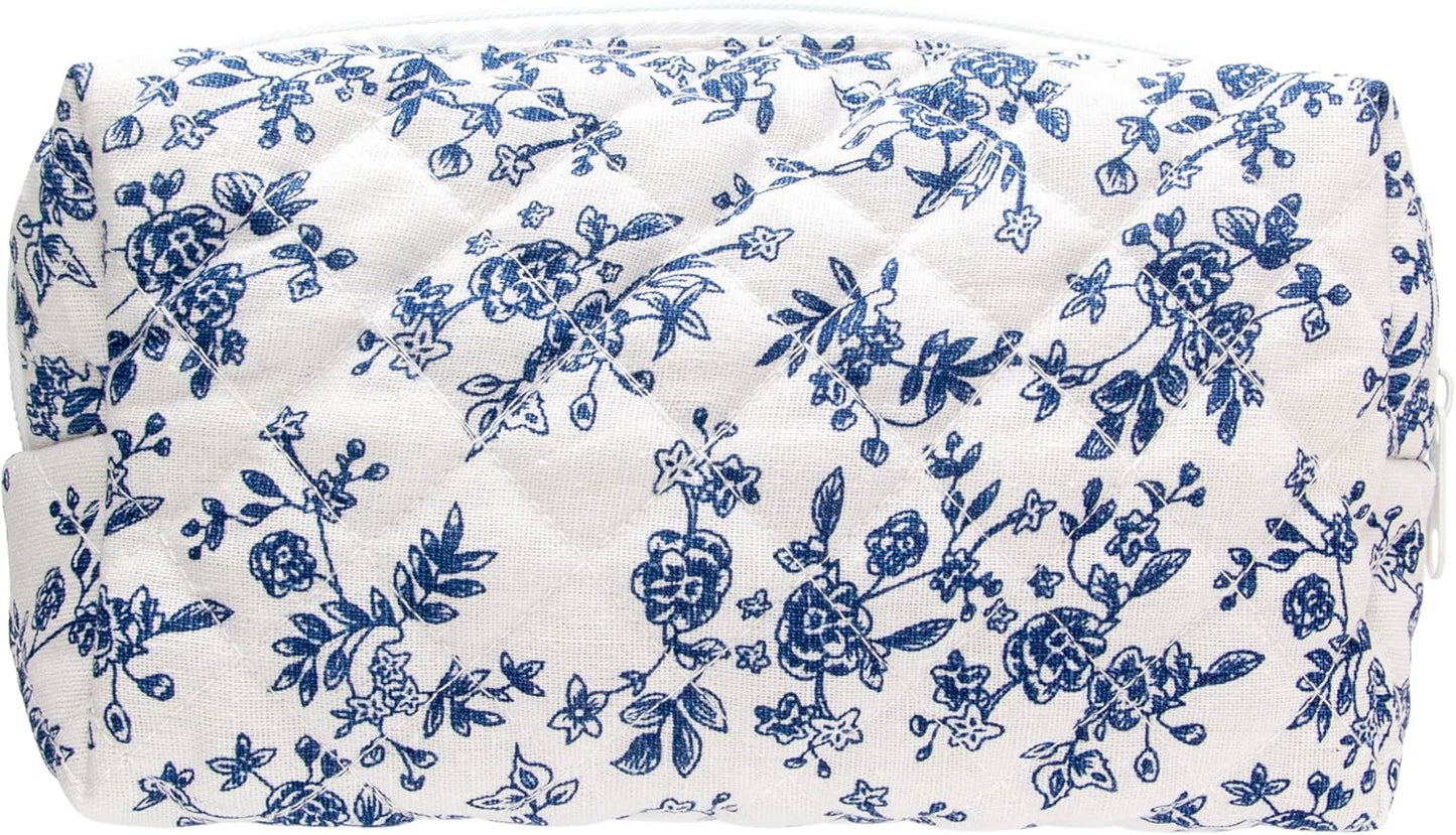 PAZIMIIK Vintage Quilted Makeup Bag Cosmetic Pouch for Brushes Pencils and Travel Make Up Accessories for Women and Girls Jouy Blue