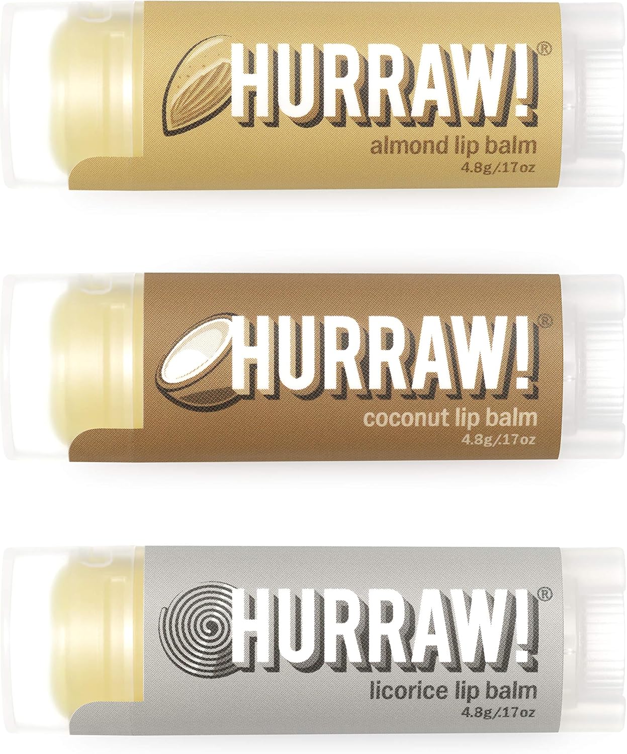 Hurraw! Almond, Coconut, Licorice Lip Balms, 3 Pack Bundle: Organic, Certified Vegan, Cruelty and Gluten Free. Non-GMO, 100% Natural. Bee, Shea, Soy & Palm Free. Made in USA