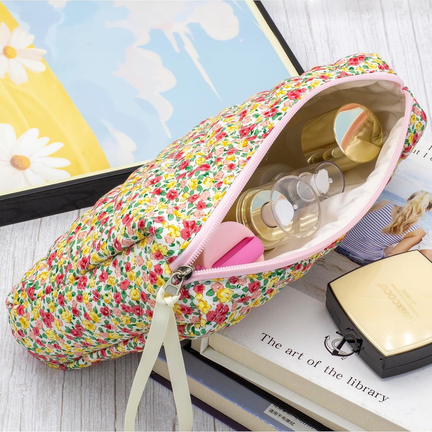 PAZIMIIK Quilted Makeup Bag Large Travel Zipper Soft Cosmetic Pouch for Women Girls Make Up,Little Flower