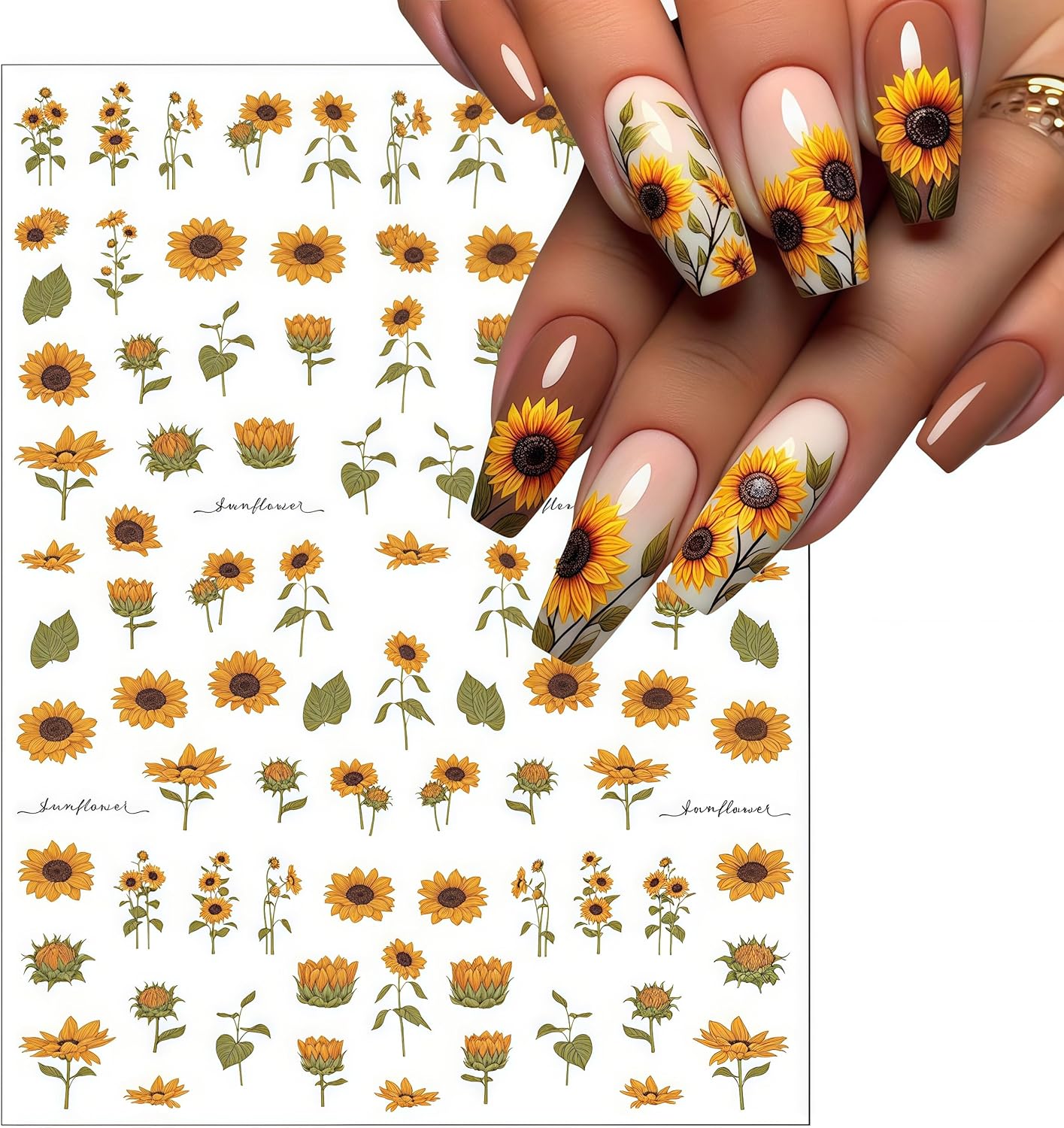 6 Sheets Spring Daisy Nail Art Stickers Sunflower Decals Yellow Daisy Design with Small Daisies White Floral Flowers Sunflowers Leaf for Women Manicure Decorations