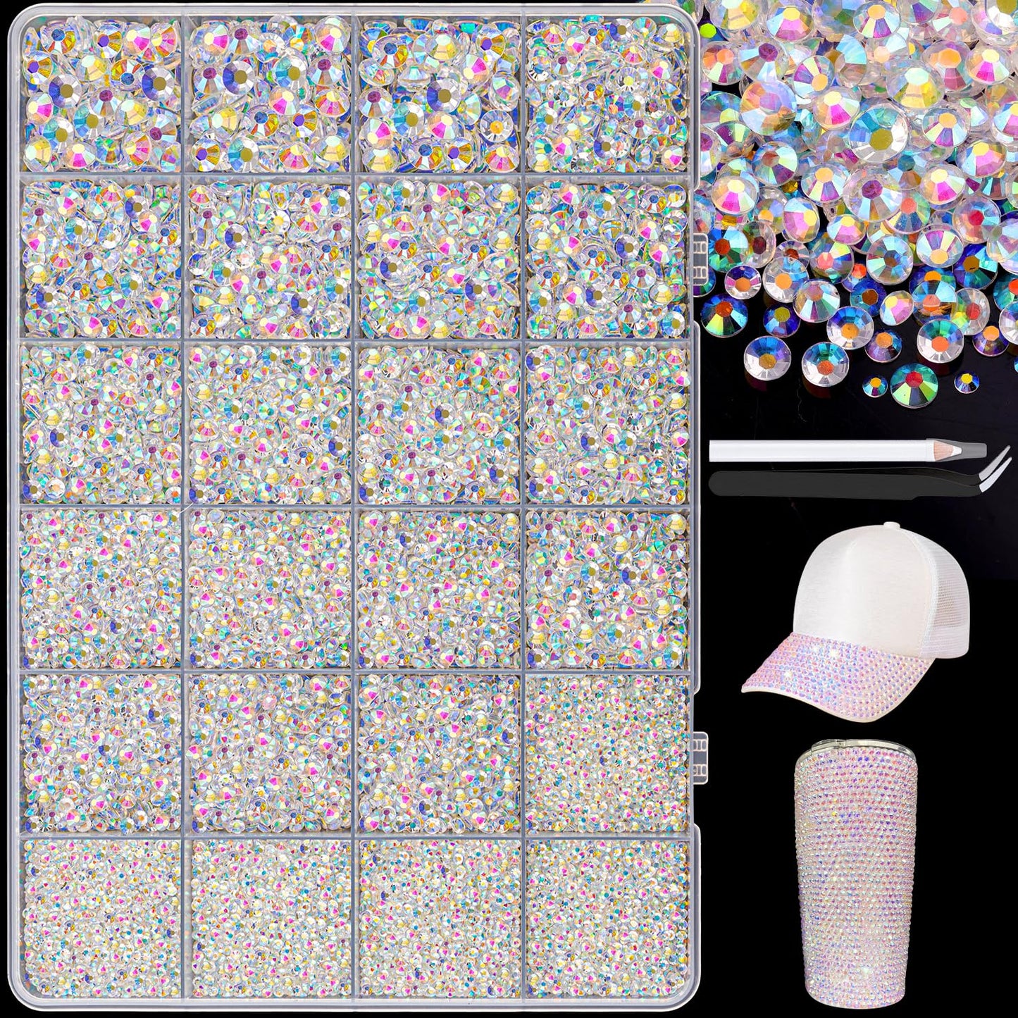 25000Pcs Resin Jelly Rhinestones with Tweezers for Crafting, 2-6mm Mixed Sizes (Transparent AB) Non Hotfix Flatback Gems, Bedazzling Crystal for DIY Crafts Clothing Tumblers Mugs Shoes Decor Nail Art