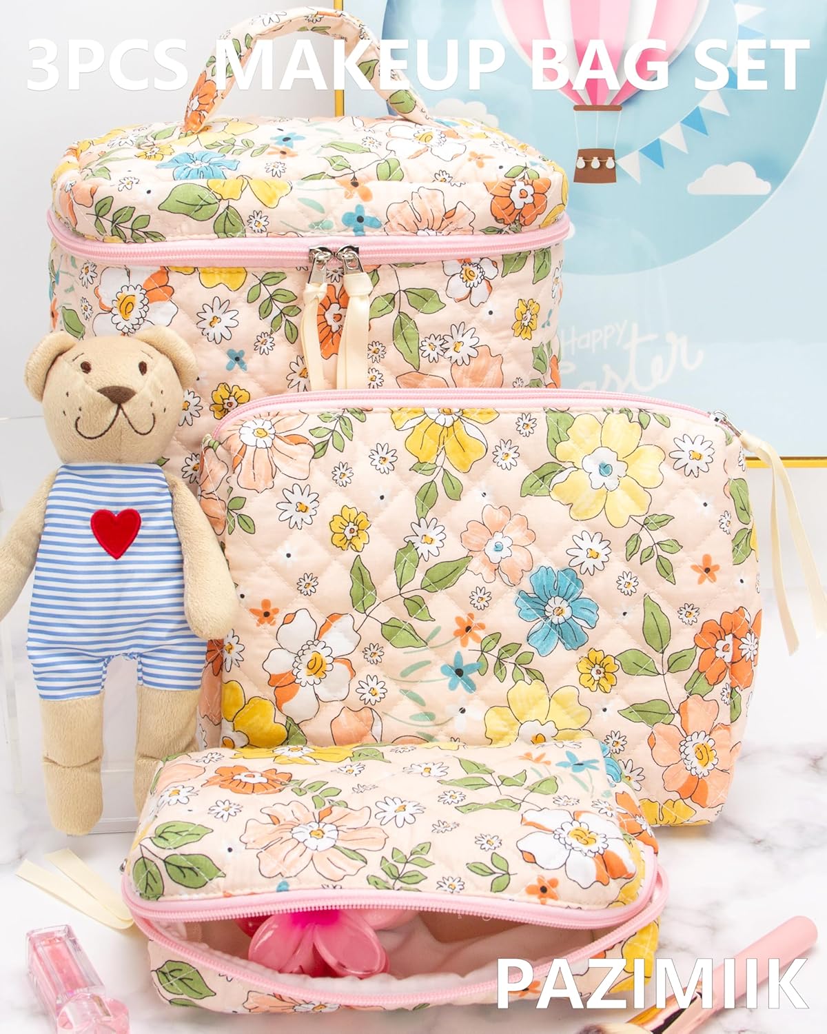 PAZIMIIK 3PCS Makeup Bag SET Large Travel Quilted Zipper Soft Cosmetic Case Pouch for Women Girls Make Up,Floral Orange