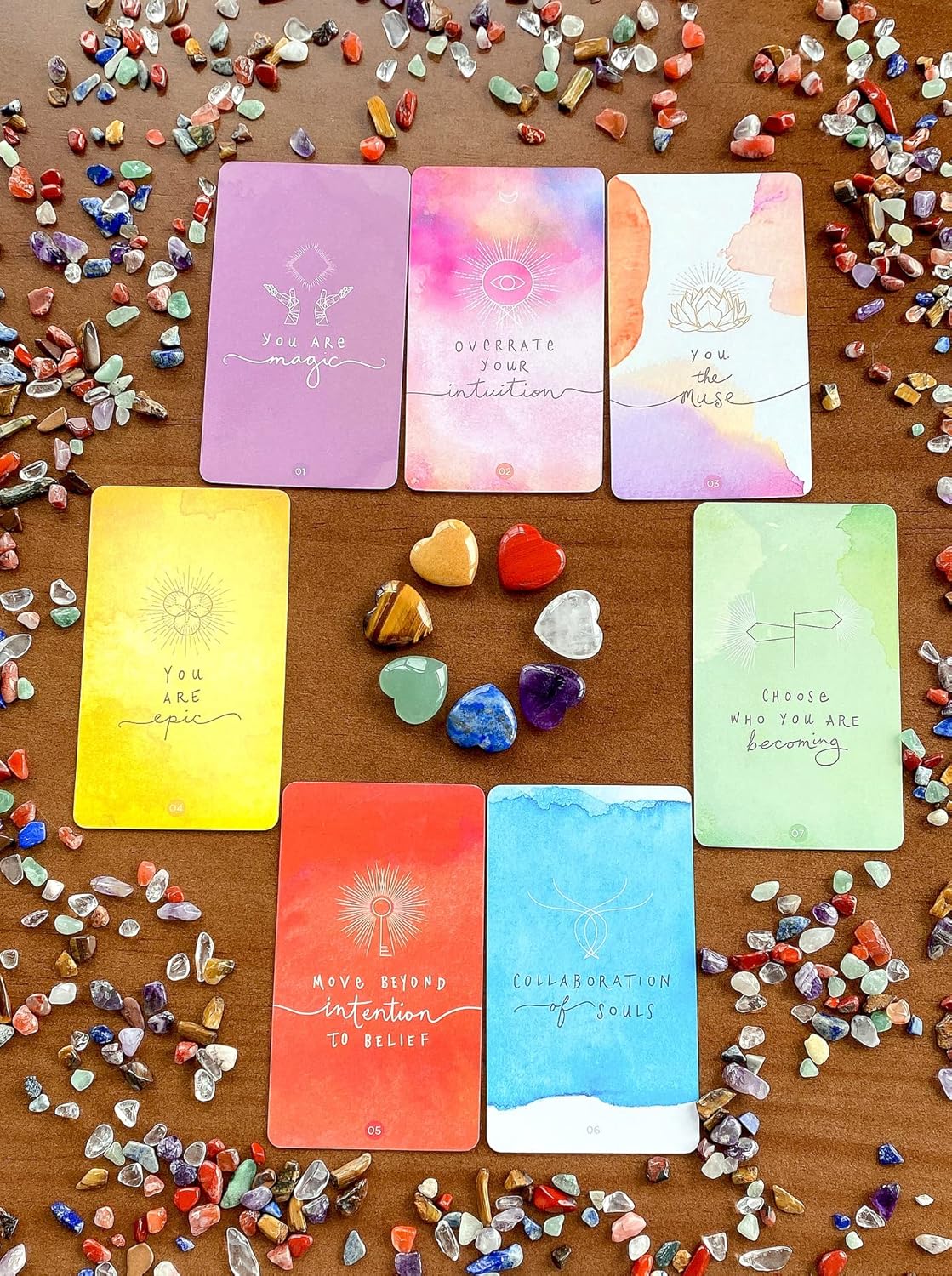 7 PCS Chakra Heart Crystals Pocket Natural Stones Polished Amethyst Palm Assorted Healing Crystal Love Shaped Gemstones 0.8" Set Reiki Energy Balancing Meditation Mother's Day Gift