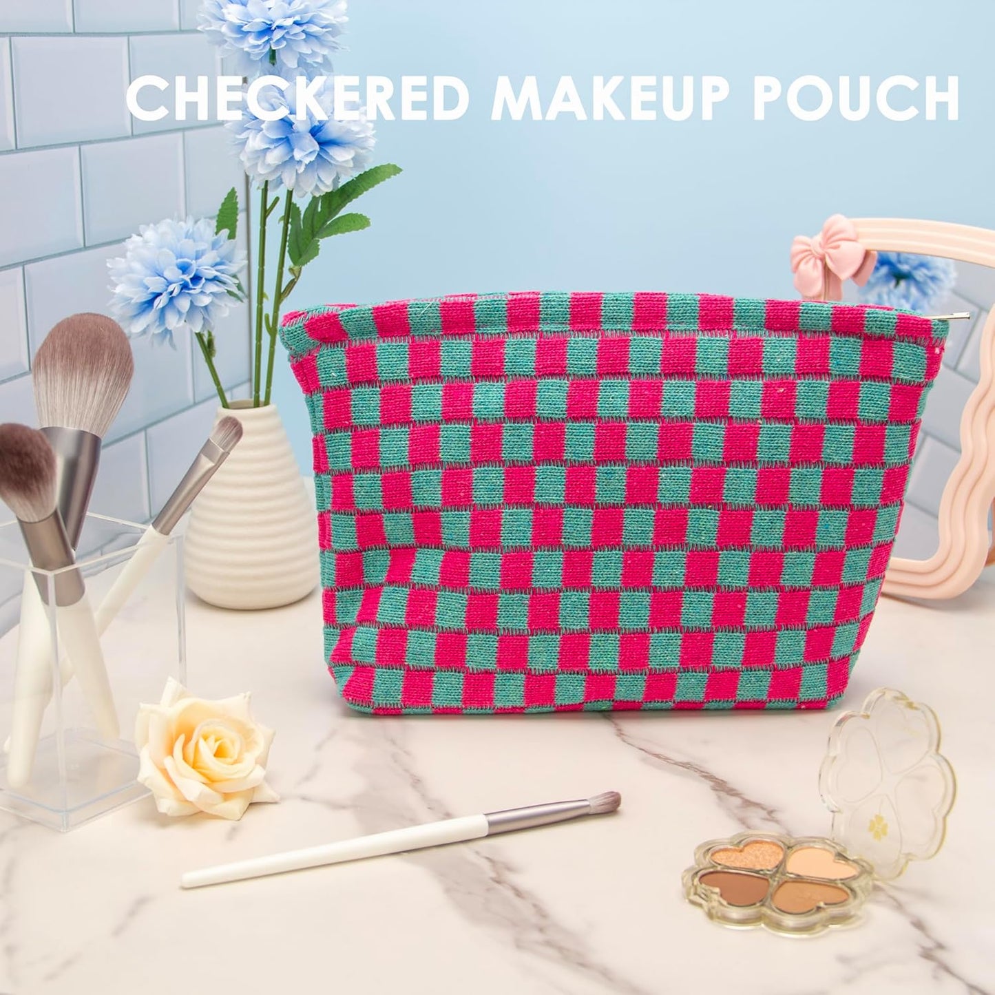 PAZIMIIK Knitted Checkered Makeup Bag Large Zipper Make Up Accessory Pouch for Purse Cosmetic Brush Bag for Travel Essential Magenta Green