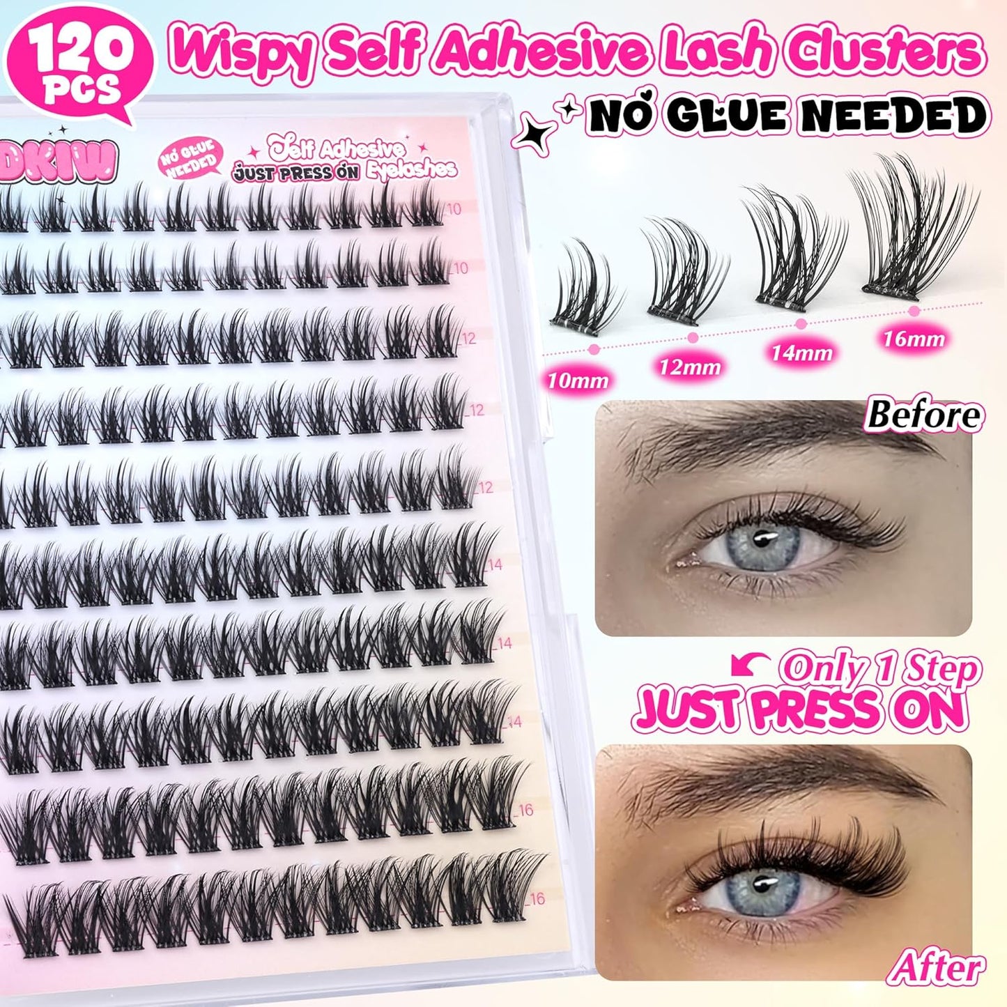Self Adhesive Eyelashes Wispy Self Adhesive Lash Clusters Natural Lashes Clusters Pre Glued Eyelash Clusters C Curl Cluster Eyelash Extensions Press on Lashes No Glue Needed Reusable 10-16mm