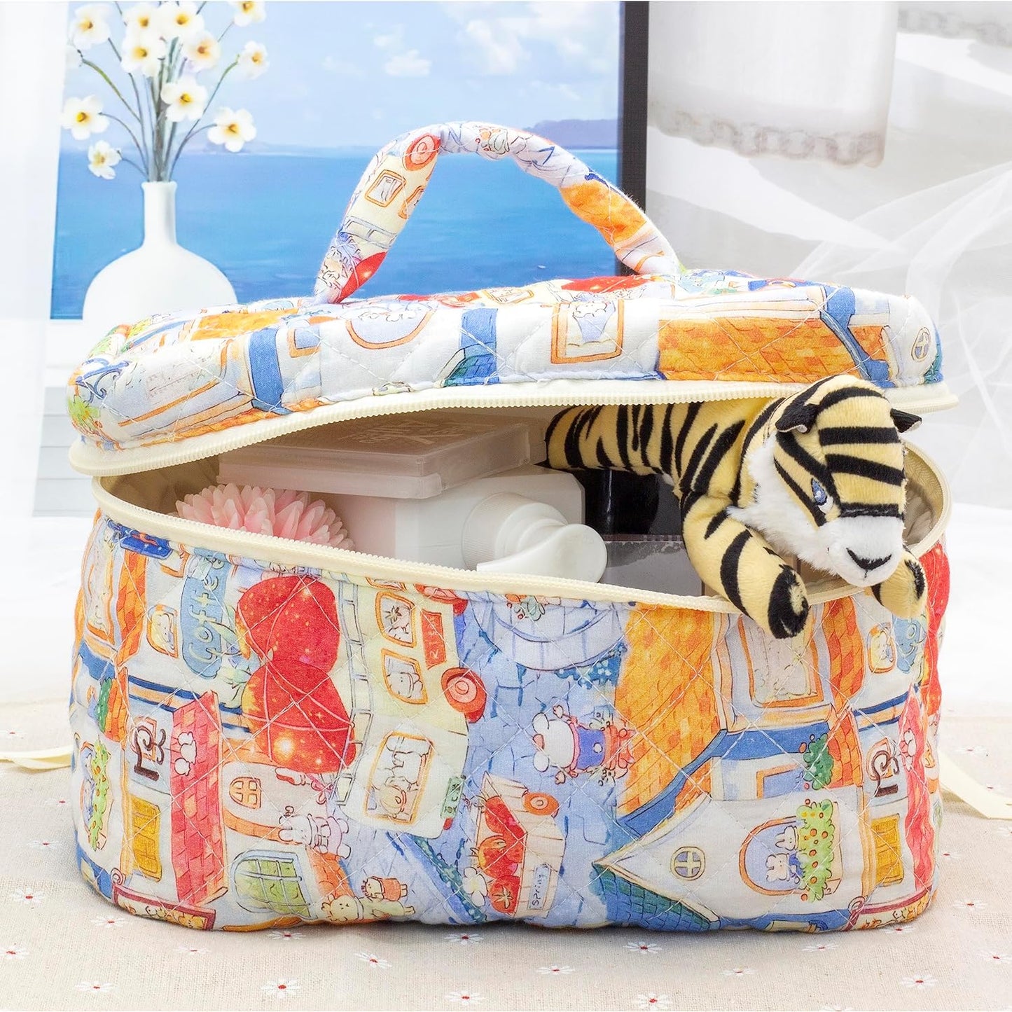 PAZIMIIK Quilted Makeup Bag Large Travel Zipper Soft Cosmetic Case for Women Girls Make Up,Little Bunny