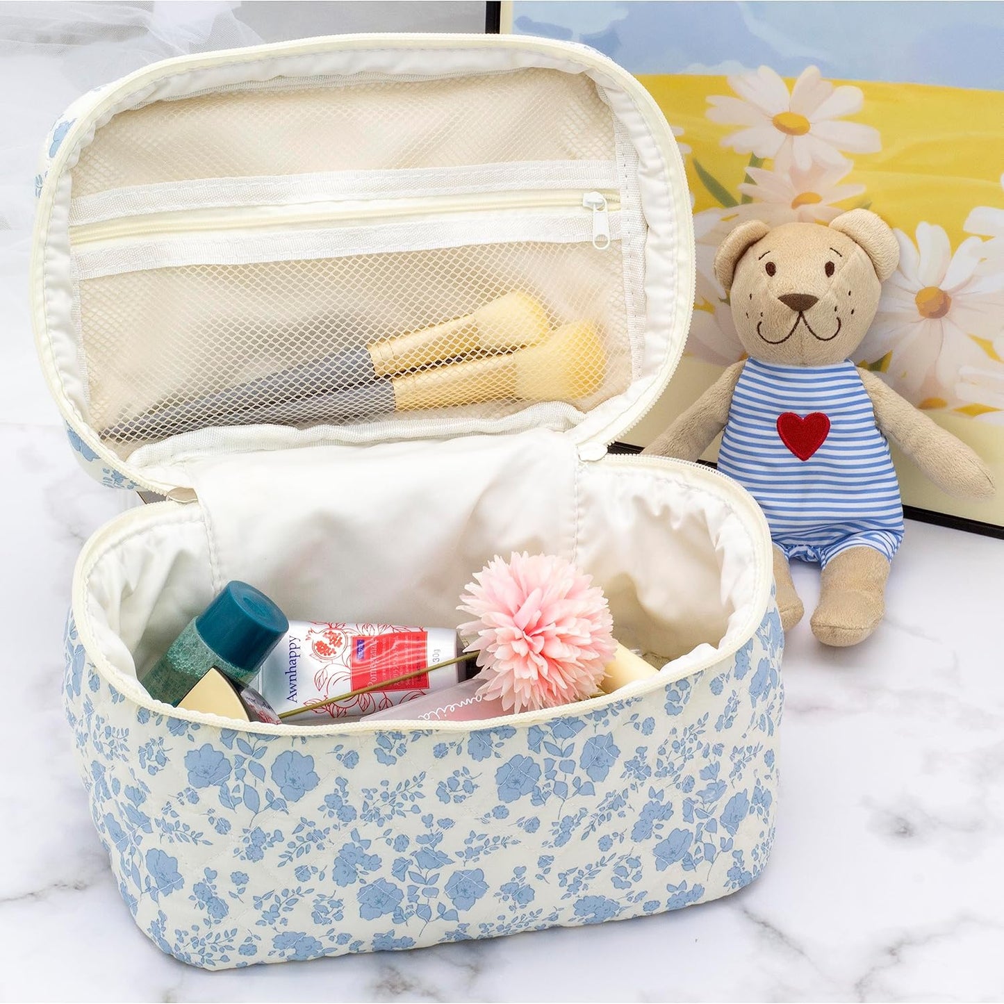 PAZIMIIK Cotton Makeup Bag for Women Large Quilted Travel Cosmetic Case Girls' Make Up Organizer,Little Flower Blue