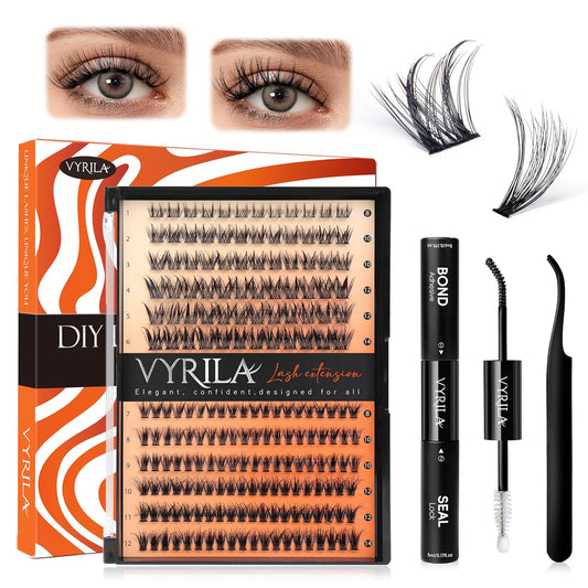 Lash Clusters Kit-VYRILA 0.07mm Wispy 8-14mix C Curl Eyelash Clusters with Lash Bond and Seal Waterproof, Eyelash Tweezers (30P+S05 KIT 192pcs-8-14mix)