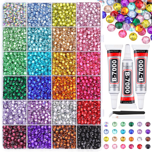 6600Pcs Resin Rhinestones for Bedazzling with Tweezers, Multicolor 5mm Rhinestones for Crafting with 3Pcs 10ml B7000 Jewelry Glue for DIY Crafts Clothing Tumblers Shoes Fabric Nail Art