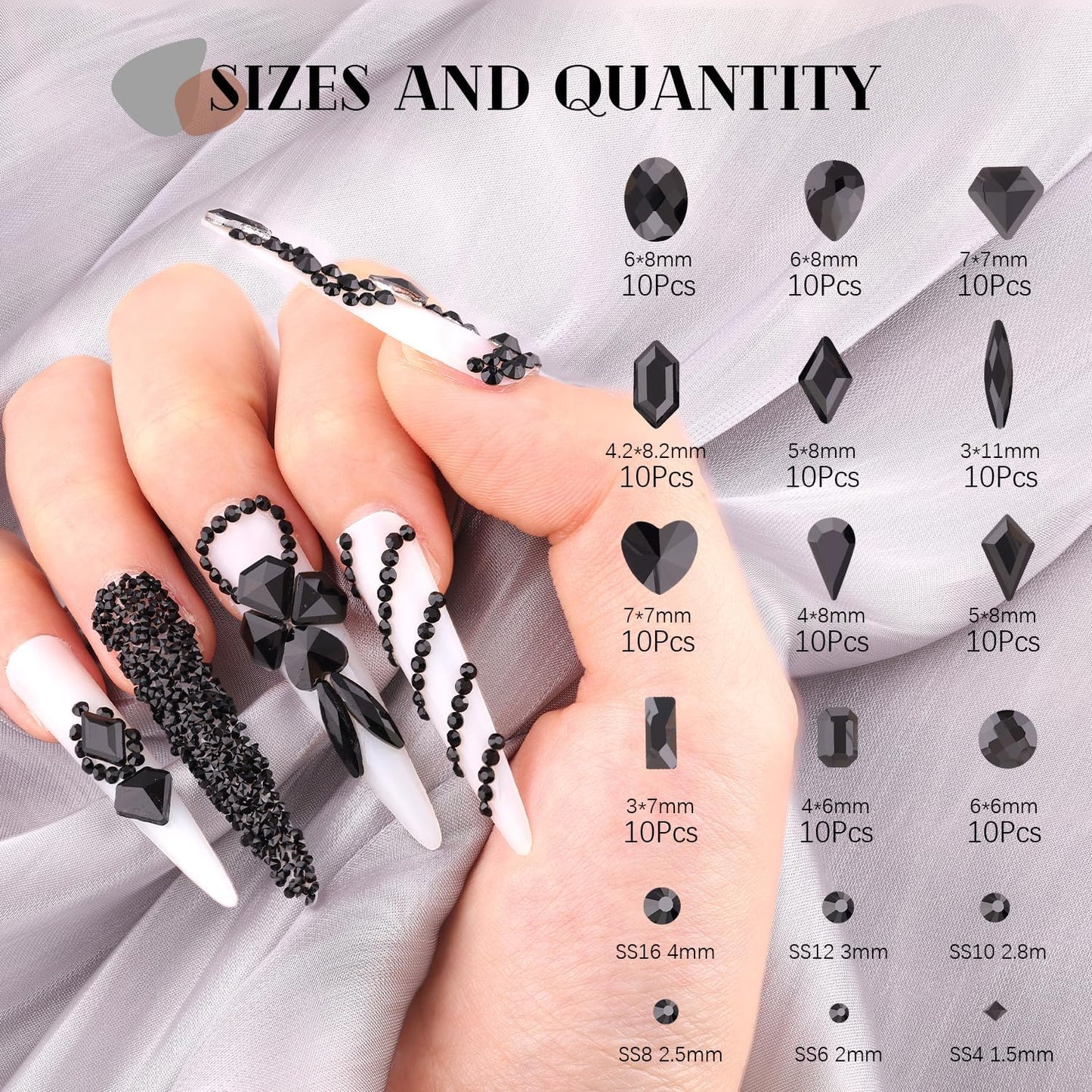 2630Pcs Black Glass Nail Rhinestones: 120Pcs Multi Shapes + 2510Pcs 1.5-4mm Round, Nail Art, Manicure, Craft Beads