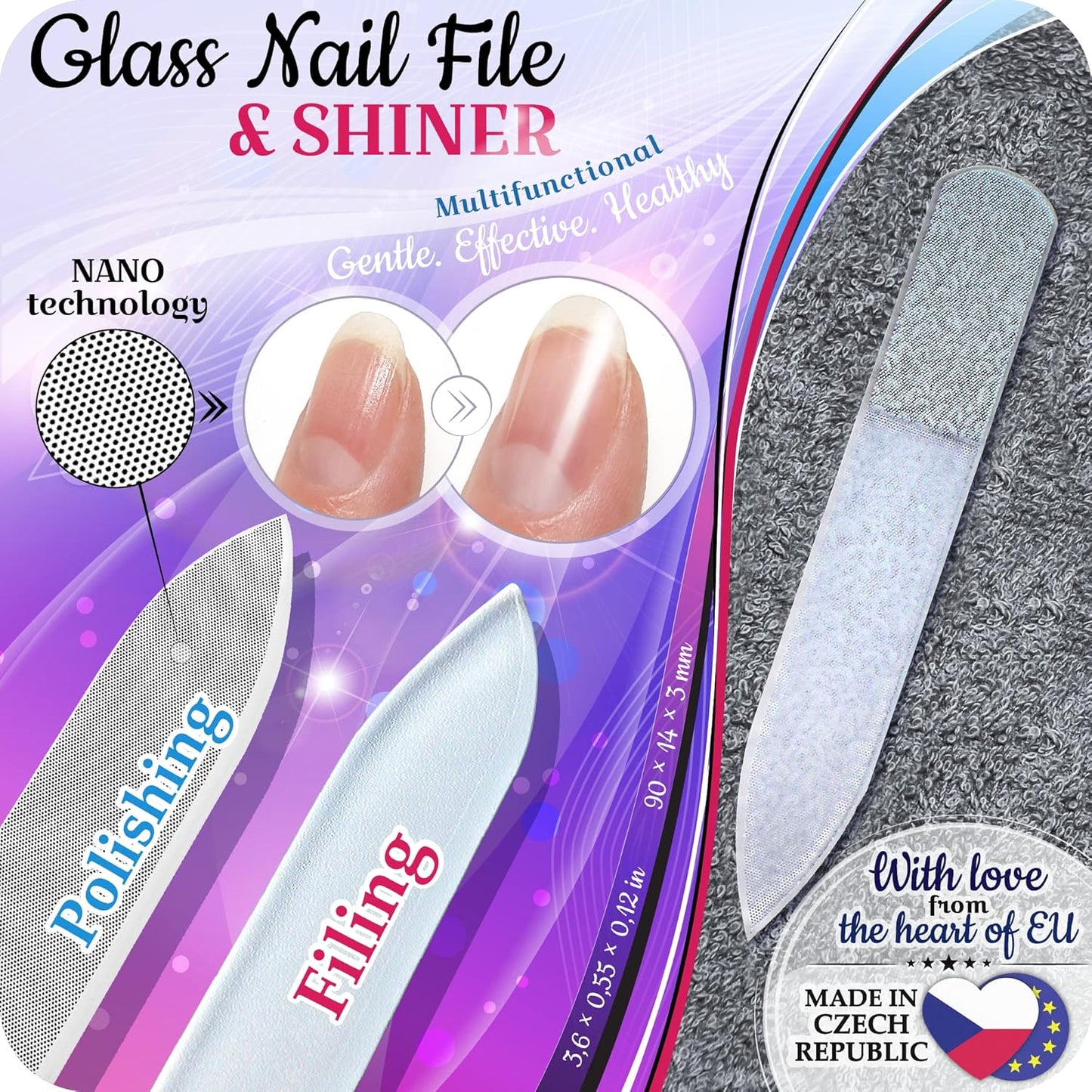 GLADZY Czech Glass Nail File Set with Glass Nail Shiner & Cuticle Pusher– 3 pcs Manicure Kit with Case, Multi-Functional Nano Buffer, Manicure Stick, Etched Crystal File for Natural Nails, Made in EU