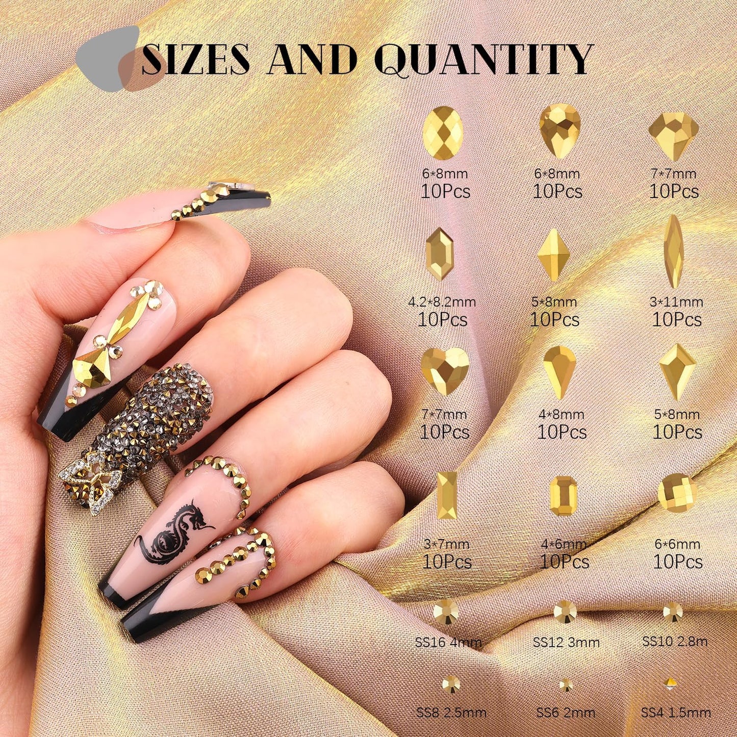 2680Pcs Mineral Gold Glass Nail Rhinestones 120Pcs Multi Shapes Flatback Nail Gems + 2560Pcs 1.5-4mm Round Crystal with Rhinestones Glue Gel, Manicure Nail Charms Diamond Gemstone for Nail Art