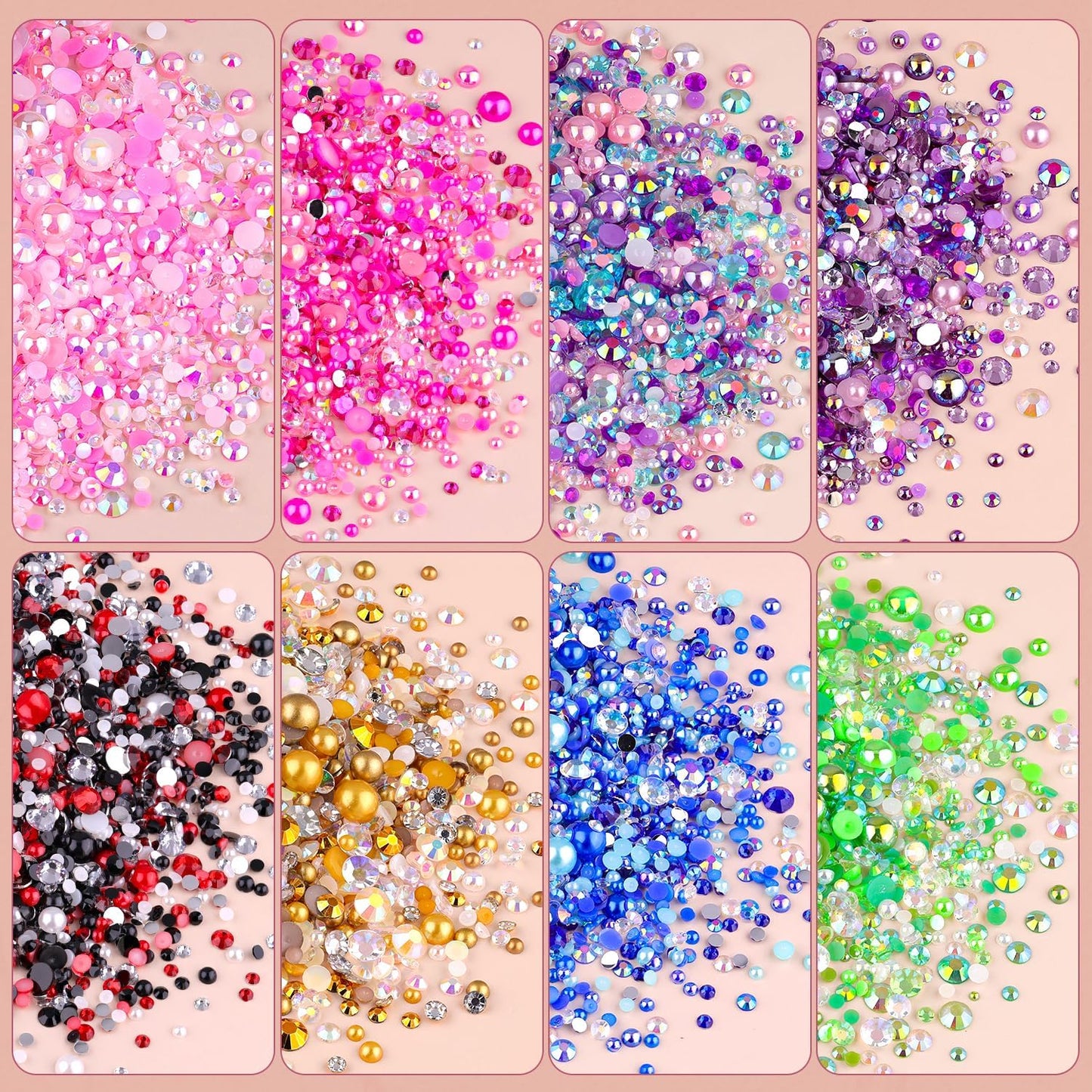 9000PCS Flatback Pearls and Rhinestones for Crafting, White Brown Mixed Size 3-10mm Resin Rhinestones and Half Pearls for Bedazzling, Nail Art and Decoration with Tweezer and Pickup Pencil