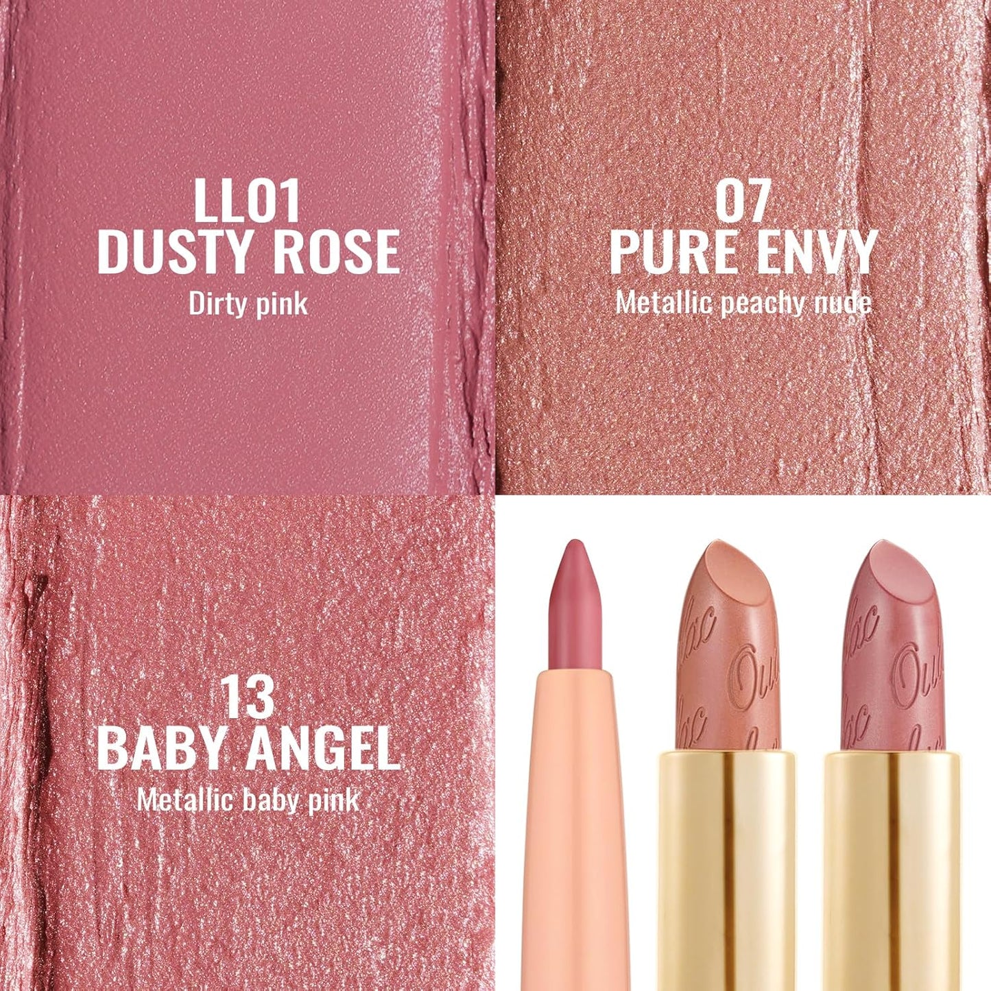 Oulac Lipstick & Lipliner Set 3PCS High Impact Lipcolor with Moisturizing Formula, Vegan Beauty, Full-Coverage Lip Color, Gift Lipstick for Women, LL01+07+13