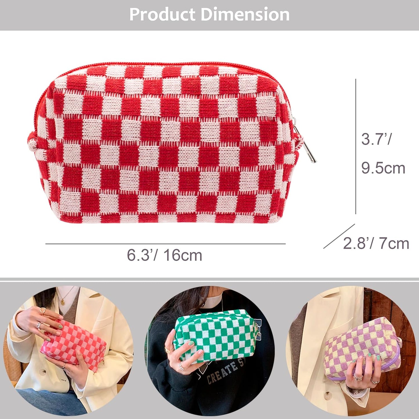 PAZIMIIK Checkered Makeup Bag for Purse Portable Zipper Make Up Pouch Small Cosmetic Case for Travel Accessories (Red)