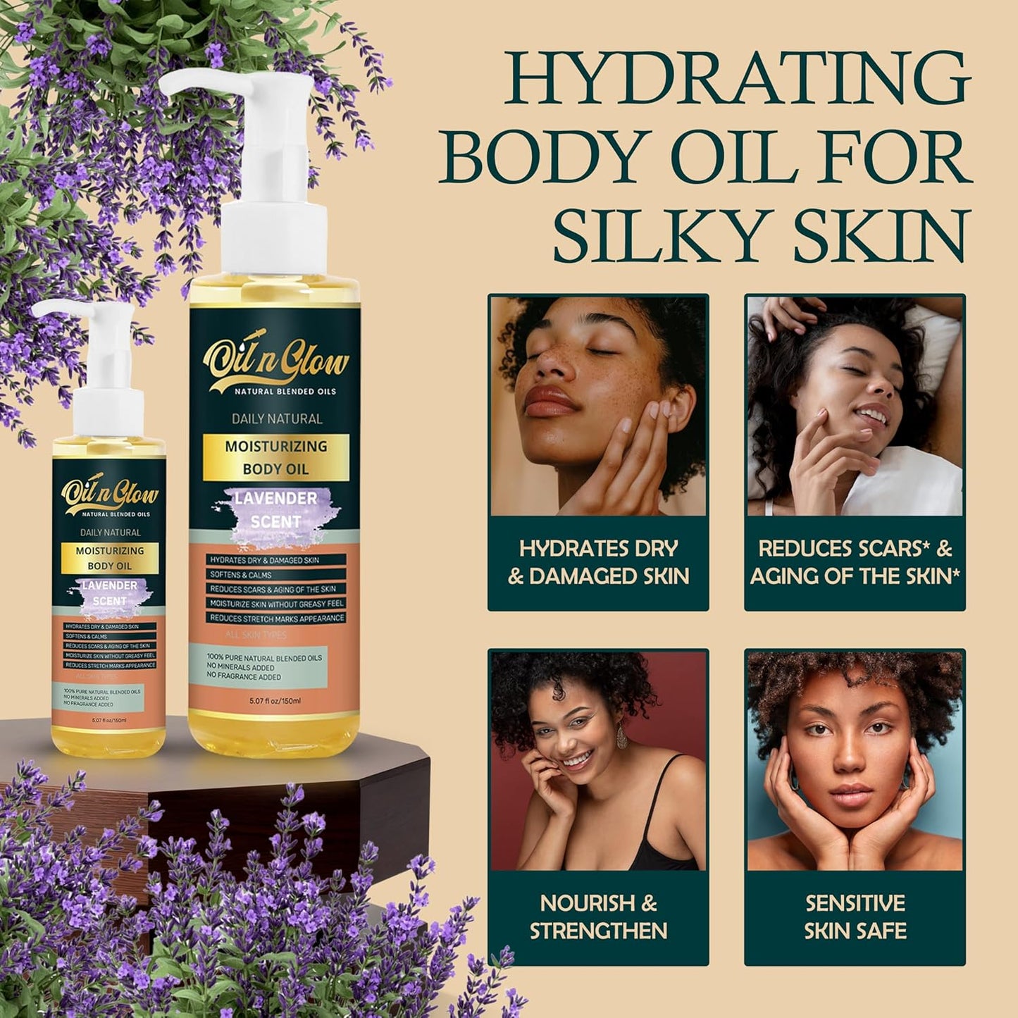 USDA Certified Organic Pure Natural Hydrating Body Oil After Shower With Coconut, Jojoba, Olive & Almond Non-Greasy Moisturizing Oil For Women & Men Dry Skin 5.07 fl oz/150ml- Lavender Scent