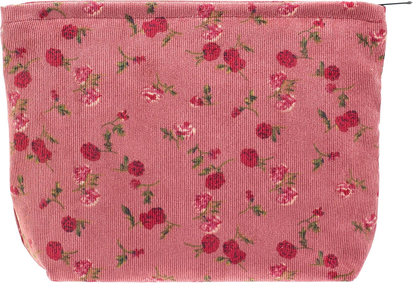 PAZIMIIK Makeup Bag Large Zipper Corduroy Make Up Pouch for Purse Travel Canvas Cosmetic Organizer for Women Brush Storage,Vintage Rose Red